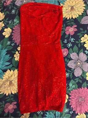 Bear Dance Strapless Red Sequin Sheath Dress